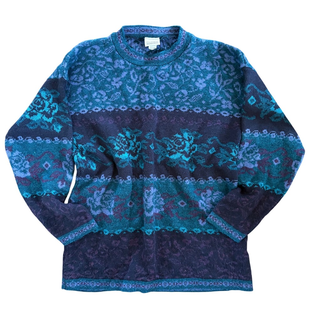Vintage Classic Elements‎ Blue Knit Floral Print Sweater Women's Size Medium